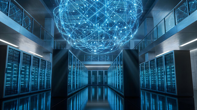 Abstract blue corridor with light installation leading to a bright doorway