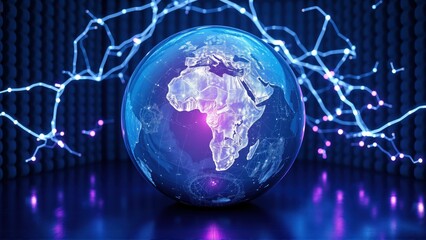 Fototapeta premium Glowing globe depicts Africa, connected via bright network. Futuristic design suggests global communication, data streams. Dark background enhances visual impact.