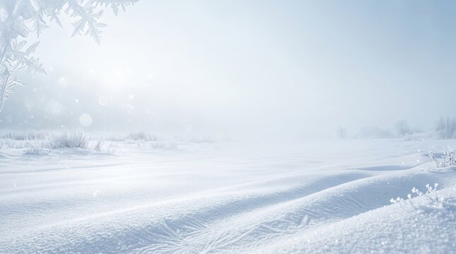 Bright, ethereal winter snow scene with glistening snowdrifts and delicate frost-covered branches, soft falling snowflakes, a serene background for a christmas greeting.