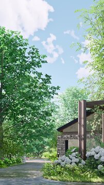 朝の木漏れ日と植栽に囲まれたモダンガーデンの通路