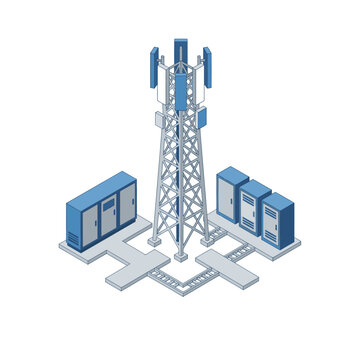 Modern Isometric of Telecommunications Infrastructure with Cell Tower Server Racks and Network Equipment