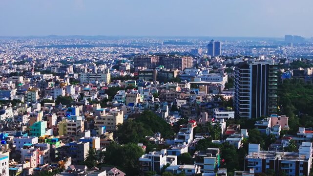 ultra luxury residential apartment of One Hyd Park with residential low rise buildings and skylines at banjara hills, hyderabad, telangana, india. day time, push in shot, drone shot, 4k.
