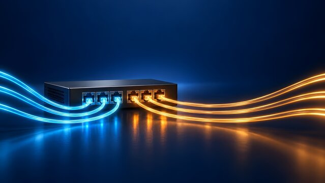 Enterprise network switch hub connected with glowing neon fiber optic data cables for high speed telecommunication