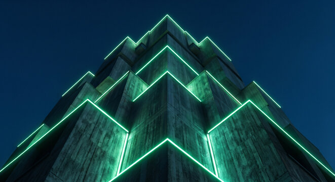 Low angle look up view of futuristic concrete building trimmed with neon green lights