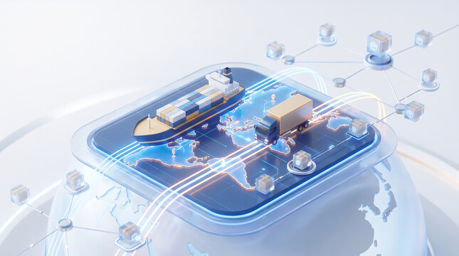Isometric 3D rendering of digital global supply chain logistics platform with cargo ship, delivery truck, and package distribution network on glowing globe