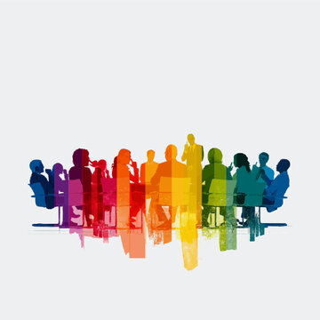A vibrant, colorful flat vector illustration depicts a board of directors nodding in agreement during a vendor pitch, set against a white background with reflective silhouettes of the participants
