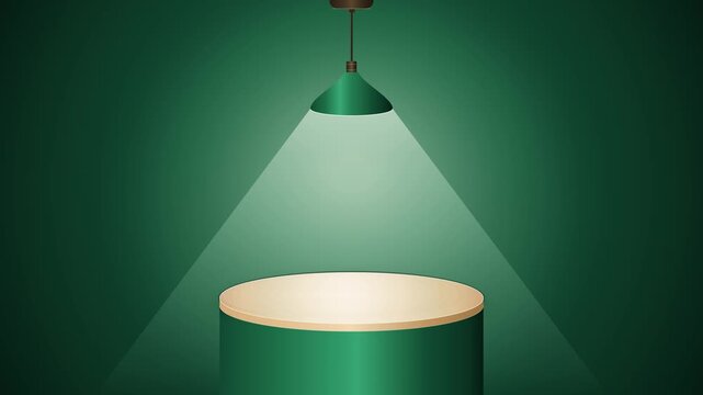 Wooden Round Podium with Spotlight on Dark Green Background for Product Showcase