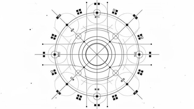 Geometric abstract design with intersecting lines and central focal point on plain background