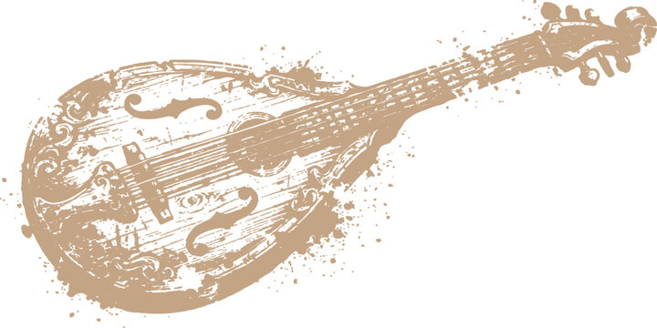 Beige mandolin illustration with grunge texture.