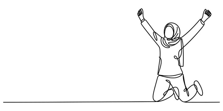 Happy Muslim woman wearing a hijab jumping for joy in a continuous single line art style illustration showing excitement and celebration isolated on transparent background, Vector