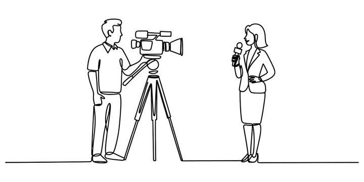 A television reporter woman holding a microphone being filmed by a cameraman with a professional video camera on a tripod in black and white isolated on transparent background, Vector