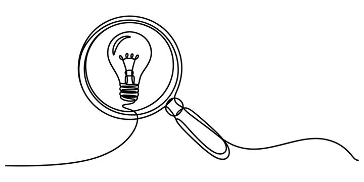 Continuous single line drawing of a magnifying glass looking at a light bulb symbol representing creative ideas and problem solving isolated on transparent background, Vector