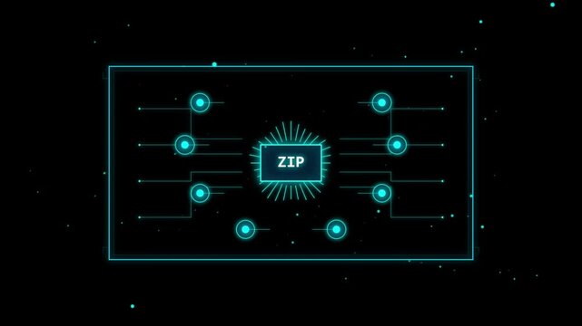 Abstract digital hud interface design with neon blue circuit lines and glowing central text element on display