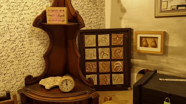 Still life of a vintage wooden shelf in a cozy cafe with an inspirational friendship sign, antique clock, and calligraphy wallpaper.
