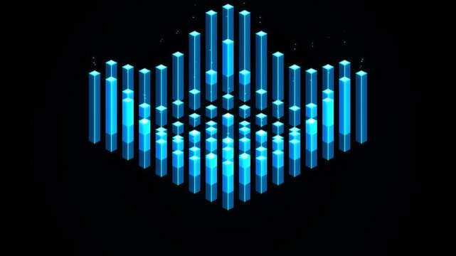 Abstract digital isometric data visualization with glowing blue vertical bars representing information growth
