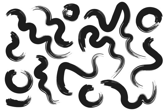 Thick black paint squiggles and emphasis marks in dry brush style. Curly snake lines, wavy swashes, open circles and curved underlines for highlighting text, posters, cards and web banners