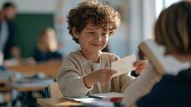 A curly haired boy at a classroom desk passing a folded note sideways to a classmate behind a raised textbook, teacher blurred in background at chalkboard, classroom note passing