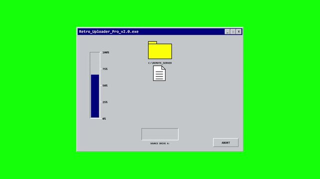 Vintage Computer Interface File Sync Successful Animation with Green Screen Chroma Key.