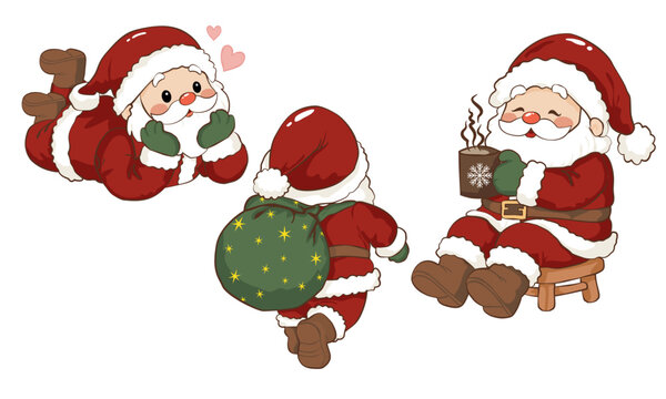 Cute Santa Claus character set, drinking hot cocoa, carrying gift bag, and lying down isolated on white background