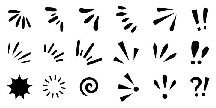 Black comic action marks set with burst rays, exclamation points, question mark, starburst and spiral. Hand drawn emphasis symbols for comics, memes, stickers, posters and social media posts