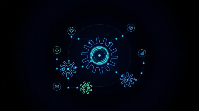 Abstract digital technology concept with interconnected glowing gear wheels and icons