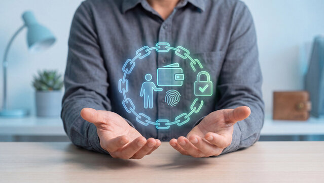 Digital wallet security and biometric payment protection concept, man with open hand under chain hologram of user, e-wallet, fingerprint and padlock for safe online banking
