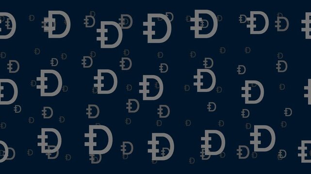 Dirham symbols float horizontally from left to right. Parallax fly effect. Floating symbols are located randomly. Seamless looped 4k animation on dark blue background