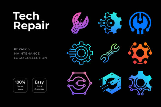 tech service logo. repair symbol and gradient color logo vector illustration design