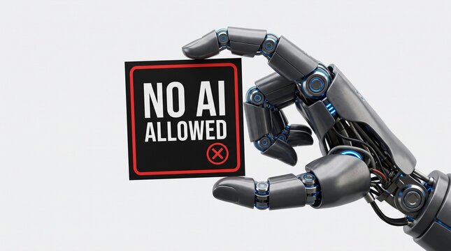Digital Hand Holding 'No AI Allowed' Sign, Illustrating Restrictions and Future Concerns Regarding Artificial Intelligence Technology Development and Ethical Impact