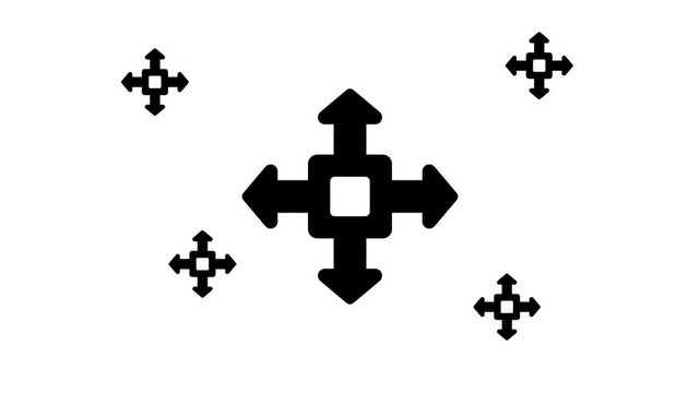 Zoom in and out animation the four arrows symbol. Large black symbol in the center and four small symbols around. Seamless looped 4k animation on white background