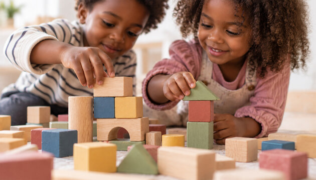 Two Black children playing together with colorful wooden building blocks at home, creative educational play and early childhood development