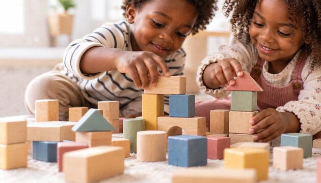 Two Black children playing together with colorful wooden building blocks at home, creative educational play and early childhood development