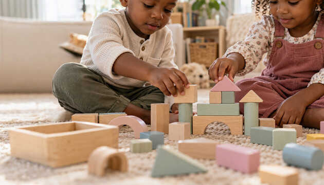 Two Black children playing together with colorful wooden building blocks at home, creative educational play and early childhood development