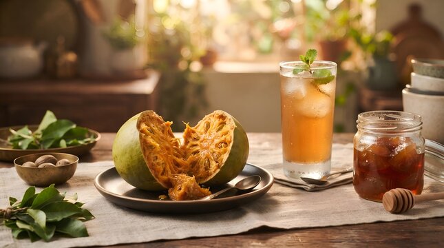 Fresh Wood Apple Bael Fruit Juice with Honey and Mint Leaves on Wooden Table
