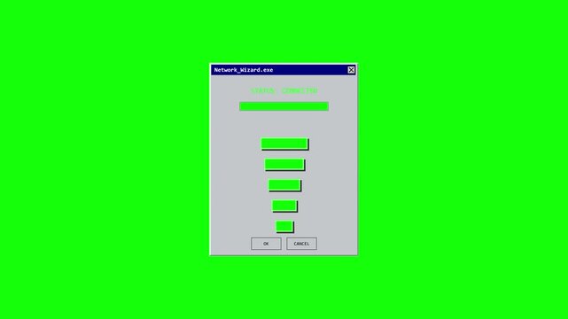 Vintage computer software installation dialog box with progress bar loading on green screen chroma key.
