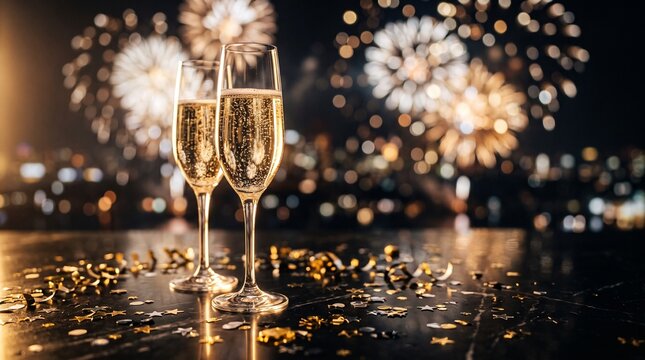 New Year celebration still life with champagne, confetti, and festive decorations