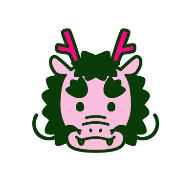 pink dragon head vector illustration isolated on white background with green hair and red horns for cute fantasy and commercial design