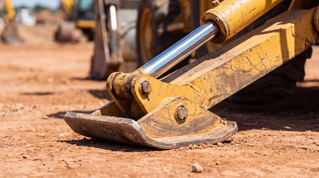 Yellow hydraulic stabilizer foot of heavy equipment resting on construction site dirt ground, machinery detail