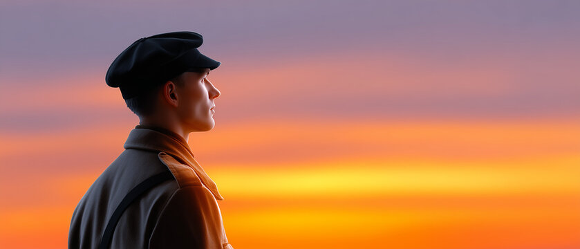 Man wearing a beret in profile against a glowing sunset