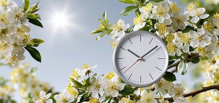 On a sunny spring day, a contemporary clock highlights the start of daylight saving amid vibrant blossoms.