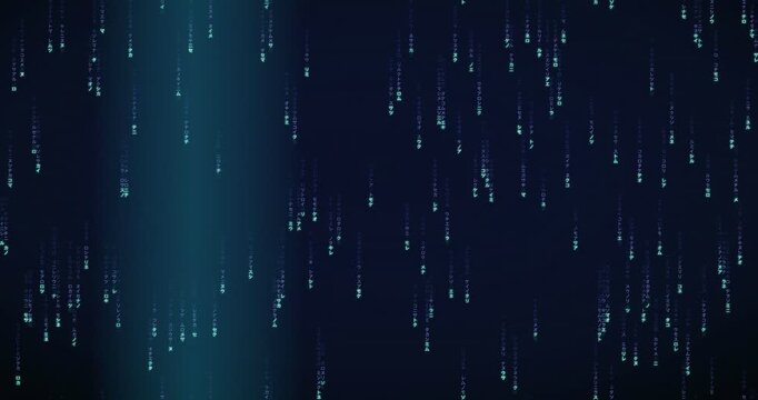 Japanese katakana characters cascade down in a 4K animation with a violet glow, evoking a signal breach.