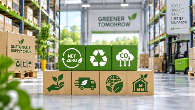 Sustainable supply chain concept with eco-friendly icons on cardboard boxes and green cubes in modern warehouse setting