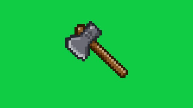 3D Pixel Art Axe Rotating on Green Screen Background