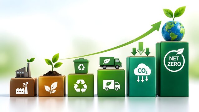 Net zero emissions growth chart concept featuring ascending green blocks with eco icons and globe with plant on top