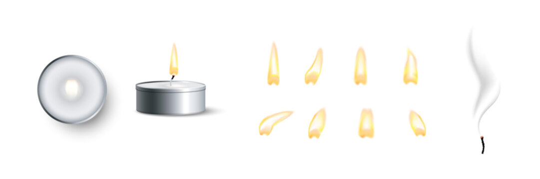 Candle flames set. Candlelight flame glowing softly in darkness. Realistic vector illustration for memorial ceremonies, meditation spaces, or candlelight celebrations with warm atmospheric lighting