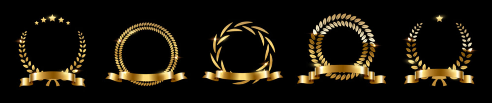Gold award laurel wreaths with stars, ribbon and empty place for name of winner. Golden prize for awarding ceremony, championship, best player, diploma. Quality certified icon. Vector illustration.