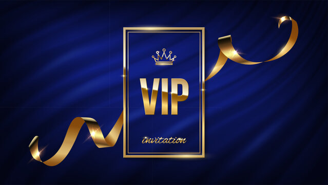 VIP invitation background. Gold frame with golden silk ribbon and text VIP on blue curtain backdrop with soft light rays. Elegant luxury vector illustration for event, party, ceremony, celebration