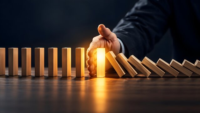 Businessman hand stopping falling wooden dominoes with one glowing bright block representing risk management and strategic intervention