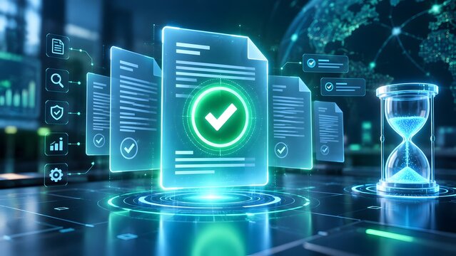 Digital document approval concept with glowing green checkmark virtual paperwork and hourglass symbolizing compliance and processing