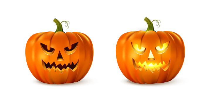 Halloween pumpkins set. Halloween glowing pumpkins on white background with carved scary, funny, spooky faces. Festive jack lantern collection in dark night style. Holiday vector illustration